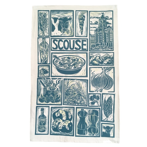 Scouse Illustrated Recipe Tea Towel, comes with cooking instructions. Design from a hand painted original lino cut print by Kate Guy