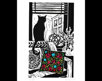 Lockdown Cat Lino Cut Print: Hand-Painted Mexican Cushion (UNFRAMED)