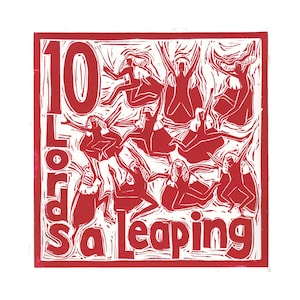 May include: Red and white linocut print of 10 figures leaping in the air. The print is titled "Lord Sa Leaping".