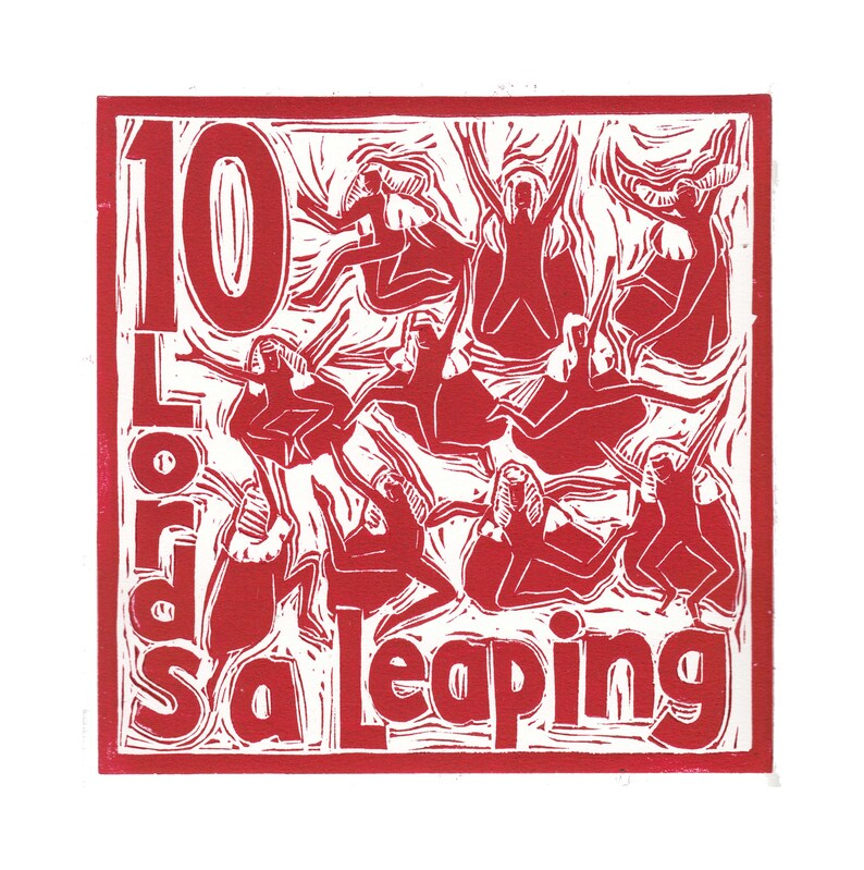 May include: Red and white linocut print of 10 figures leaping in the air. The print is titled "Lord Sa Leaping".