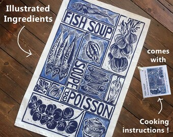 Fish Soup Recipe Organic Cotton Tea Towel: Illustrated Lino Print