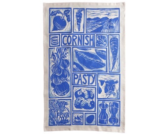 Cornish Pasty Recipe Tea Towel: Organic Cotton Lino Cut Print
