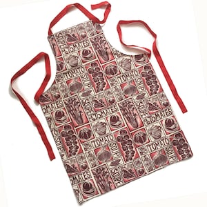 Roasted Tomato Soup Illustrated Recipe Adult Apron; cooking instructions are on the tag. Lino cut Print.