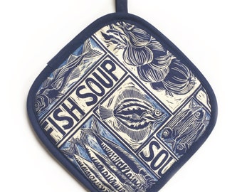 Fish Soup Recipe Pot Holder: Organic Cotton Kitchen Decor