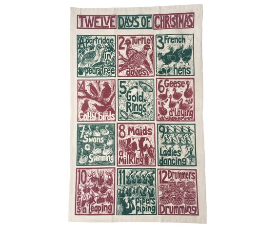 Twelve Days of Christmas Tea Towel: Organic Cotton Lino Cut Print