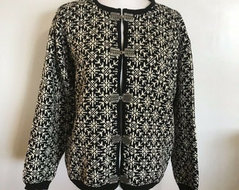 STOWE WOOLENS Black White Fair Isles Cardigan SWEATER M Vintage Poppy Gall