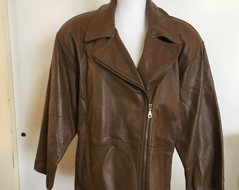 LORD & TAYLOR Brown Asymmetric Zip Leather Jacket Womens 14 Bomber