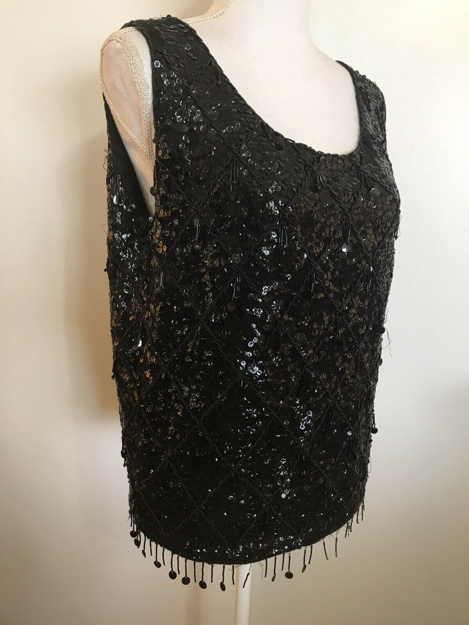 Vintage Black Sequin Beaded Tank M/L Evening Sleeveless Top | Etsy