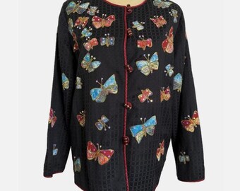 INDIGO MOON Butterfly Embellished Jacket Size Small Vintage Art To Wear Boho