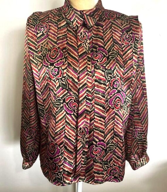 Vintage LAURA & JAYNE 80's Satin Floral Blouse 12 Petite Roses Secretary Geek