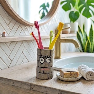 Grey Ceramic Toothbrush Holder, a Funny Brick Bathroom Cup
