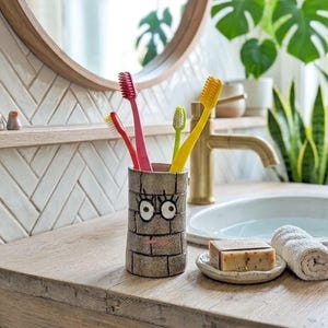 Ceramic Toothbrush Holder, Funny Bathroom Organizer Cup, Grey Brick Pot