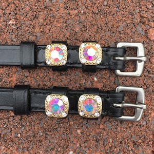 Spur straps Aurora Austrian Crystal and Black Leather Spur Straps