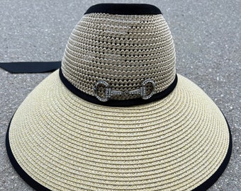 Snaffle Bit Visor - Large Wide Brim Hat with Bow - Black Trim with Bling Bit Hat - Equestrian Sun Hat - Horse Lover Hat - Equestrian Hats