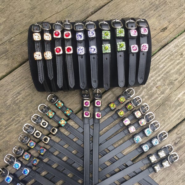 Spur straps English Custom Austrian Crystal BLING Spur Straps Many Color Combinations 18 inch Black Leathers Equestrian Gift