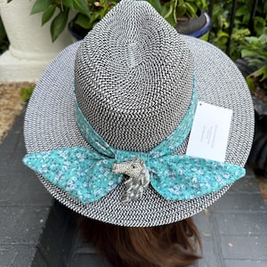 Sun Hat Fedora Style with Petit Floral Sash and Horse Pin- Sun Hat  - Fashion Equestrian