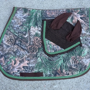 CAMO True Timber Mixed Pine English Saddle Pad: Teal, Braided Trim (Horse/Pony Size) with or without Fly Bonnet