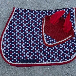 Saddle Pad Horse Pony Custom English The Barn Closet Red White Blue Stars with Bling Trim and Bonnet