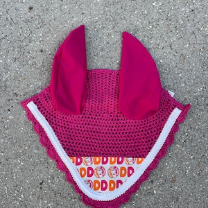 Fly Bonnet DUNKIN DONUTS Pink Veil Ear Net Bonnet Mask  Cotton Crochet Hand Made