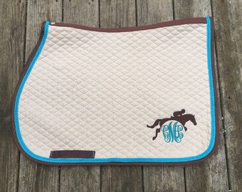 Saddle Pad with Custom Horse or Pony Equestrian Monogram and Jumping Horse and Braided Trim