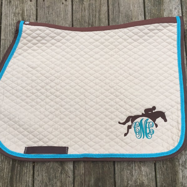 Saddle Pad with Custom Horse or Pony Equestrian Monogram and Jumping Horse and Braided Trim