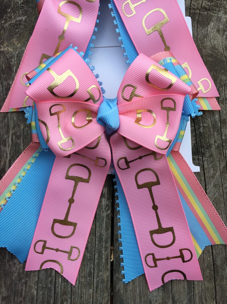 Leadline by The Barn Closet Pink Blue Bridle Bit Custom Equestrian Show Bows Hair Bows Short Stirrup