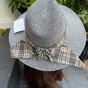 Sun Hat Fedora Style with Grey Plaid Sash and Butterfly Pin- Sun Hat  - Fashion Equestrian