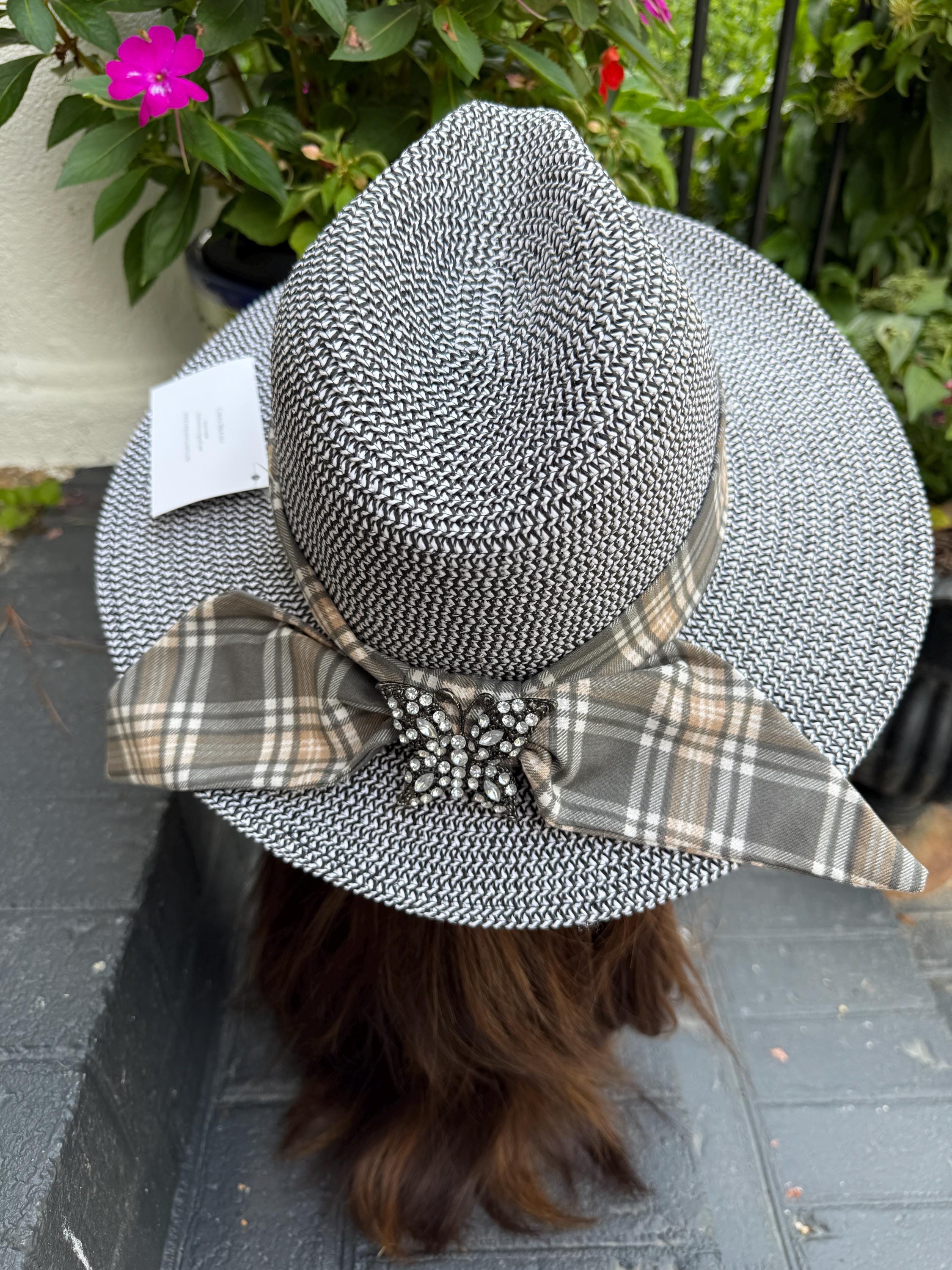 Sun Hat Fedora Style With Grey Plaid Sash and Butterfly Pin  display picture 1