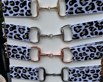 Black, white camo sparkle Equestrian gun metal Snaffle Bit Belt 1.5” Elastic 1.5 Inch Black, Silver, and Cream Print Elastic Adjustable  main image 4