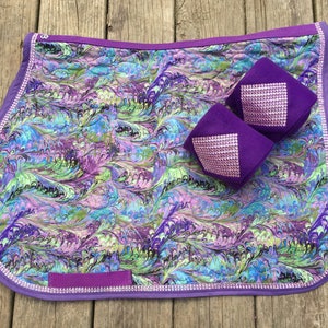 Saddle Pad English  Purple Blue Pink Feathered with Bling Trim and Polo Wraps