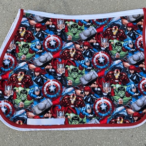 Saddle Pad Horse Pony  English &quot;AVENGERS&quot;  Captain America Print with Red Braided Trim