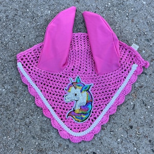 Fly Bonnet Pink with UNICORN and Braid Ear Net Bonnet Mask  Cotton Crochet Hand Made Horse and Pony Size