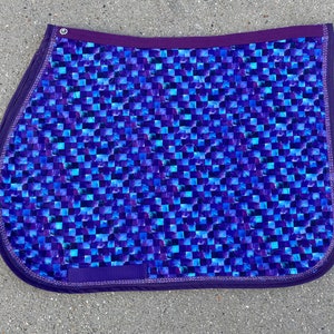 Saddle Pad Horse Pony Custom English Blocked Blues and Purples with Purple Bling Trim