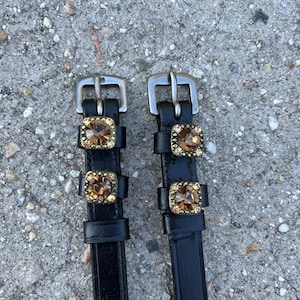 Spur straps Topaz Colored center and accent Austrian Crystals and Black Leather Spur Straps