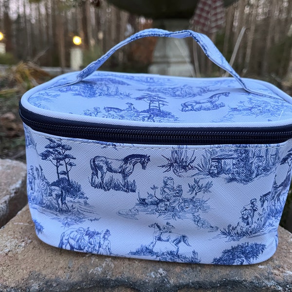 Cosmetic Toiletry Bag Equestrian Horse Toile English Print , Perfect travel accessory for the horse lover! Horse charm zipper pull accent