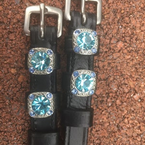 Spur straps Teal Austrian Crystal and Black Leather Spur Straps