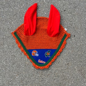 Fly Bonnet  FLORIDA GATORS Horse size with Braided Trim Veil Ear Net Bonnet Mask  Cotton Crochet Hand Made