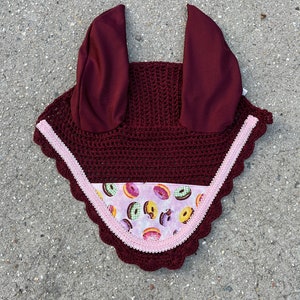 Fly Bonnet Donuts on Burgundy Veil Ear Net Bonnet Mask  Cotton Crochet Hand Made
