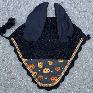 May include: Black horse fly mask with a pumpkin and star pattern on the nose flap. The mask has black ear covers and a gold trim.