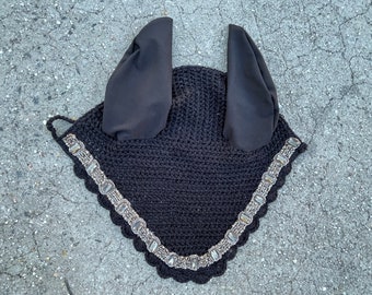 Fly Bonnet  Black with Smokey Grey Colored Stone Trim Ear Net Bonnet Mask  Cotton Crochet Hand Made Horse and Pony Size