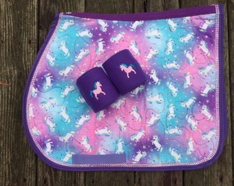 Saddle Pad UNICORN English Pink Teal Purple w Bling Trim Horse or Pony Sizes with Unicorn Polo Wraps
