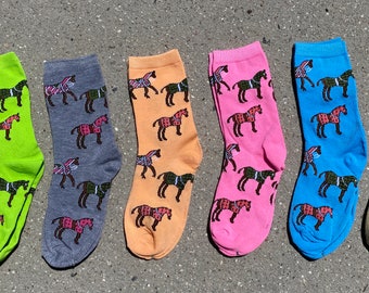 Horse Socks, Riding Sox, Equestrian Crew Socks, Riding Boot Sox, Horses with Blankets, Fits Ladies Size 6-11