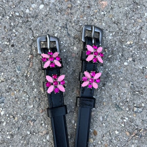 Spur straps Flower Motif with Milky Pink and Hot Pink Accent Crystals and Black Leather Spur Straps
