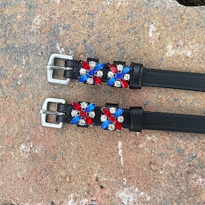 Spur straps Red White and Blue Austrian Crystals and Black Leather Spur Straps