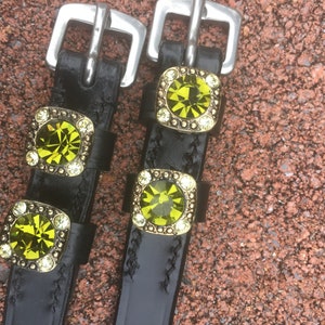 Spur straps Peridot Green Austrian Crystal and Black Leather Spur Straps