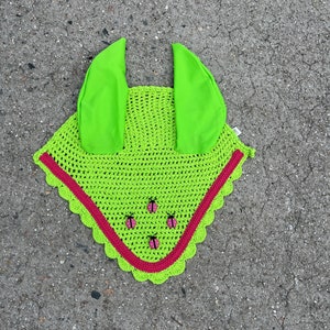 May include: Lime green fly bonnet with pink ladybug embellishments and a red trim. The bonnet has two ear covers.