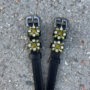 Spur straps Flower Motif with Olive and Light Green Accent Crystals and Black Leather Spur Straps