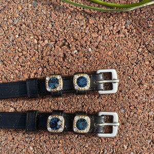 Spur straps Montana Blue Austrian Crystal and Black Leather Spur Straps