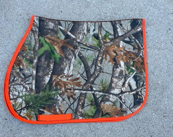 Saddle Pad English custom CAMO NEXT VISTA  Print with Blaze Orange Trim, Horse and Pony Sizes