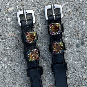 Spur straps Topaz Austrian Crystal and Black Leather Spur Straps